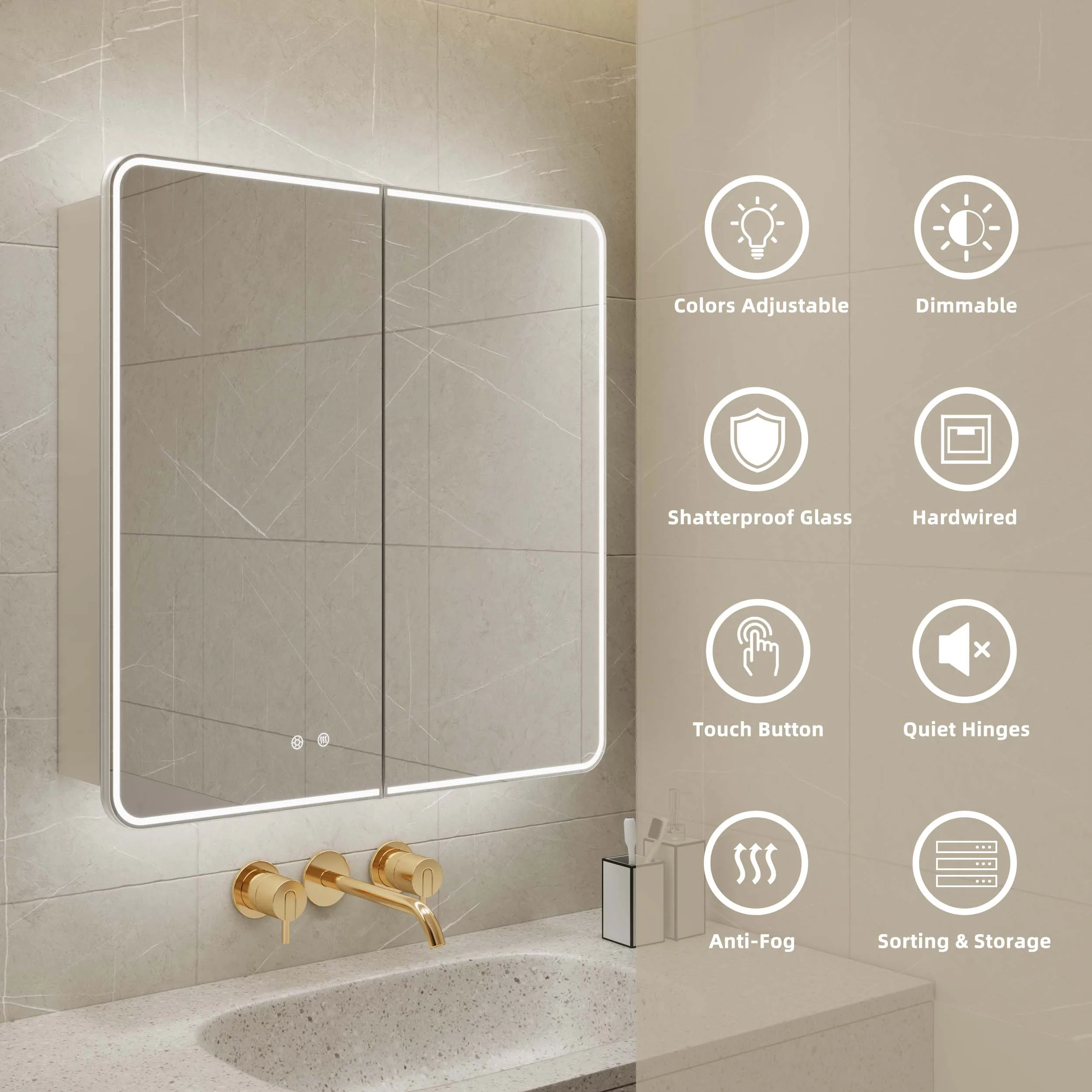 Modern 800mm Smart Touch Surface Mount Frontlit Anti Fog Washroom Medicine Toilet Led Lights 2 Door Mirror With Cabinet Bathroom