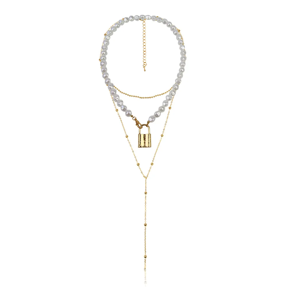 Double Layers Delicate Metal Gold Plated Chain And Pearl Lock Pendant Necklace