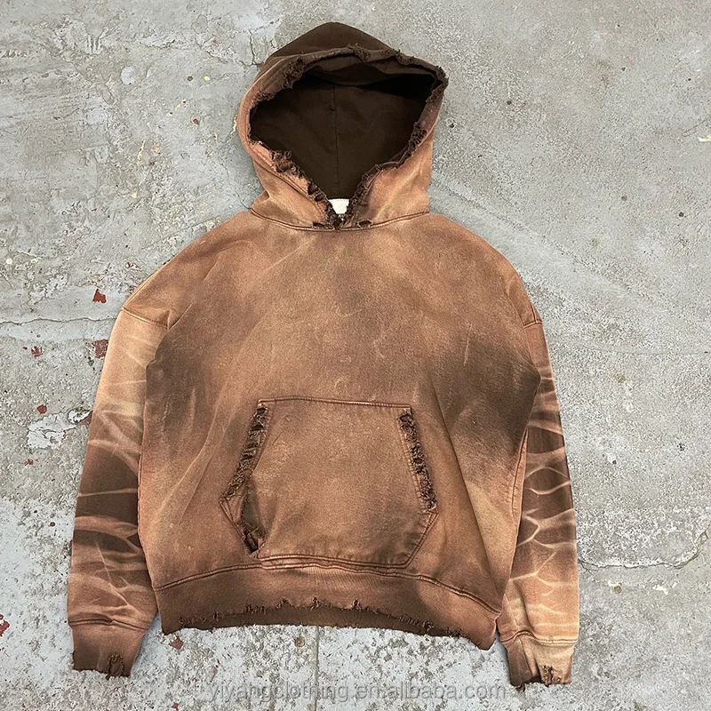 Custom Streetwear Drop Shoulder French Terry Heavyweight Cotton Sun Faded Vintage Distressed Acid Wash Hoodie Men