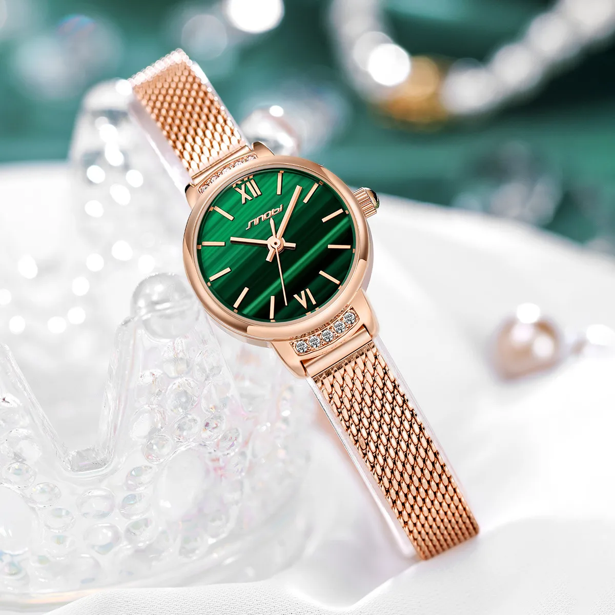 Rose Gold Mesh Elegant Lady Wrist Watch Little Green Dial Watch Charming Girls Watch S9853L