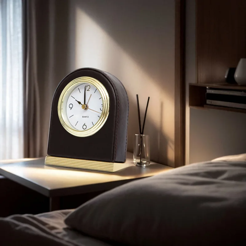 Hotel analog clock alarm clock with light new high-end hotel PU leather table clock  living room decoration