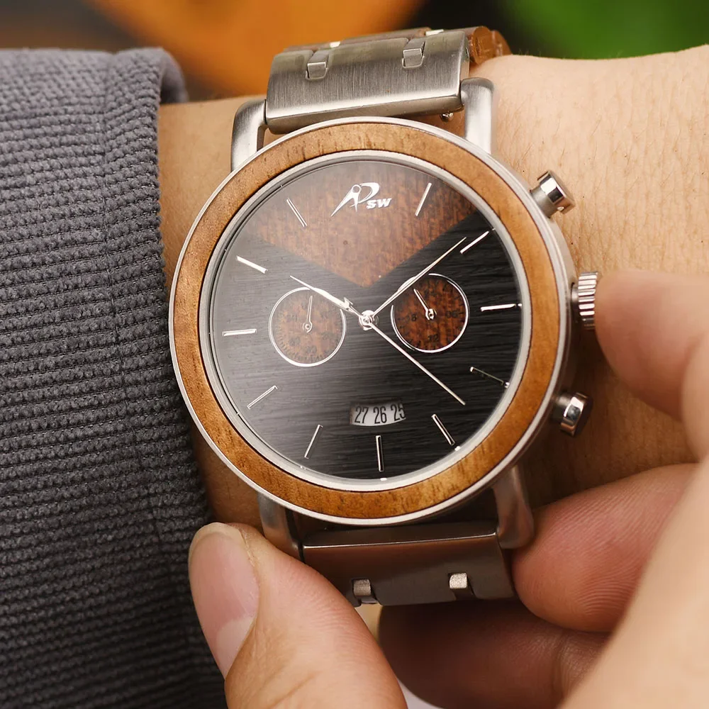 factory supply wooden combined solid wood stainless steel watches high quality unique waterproof men quartz watches