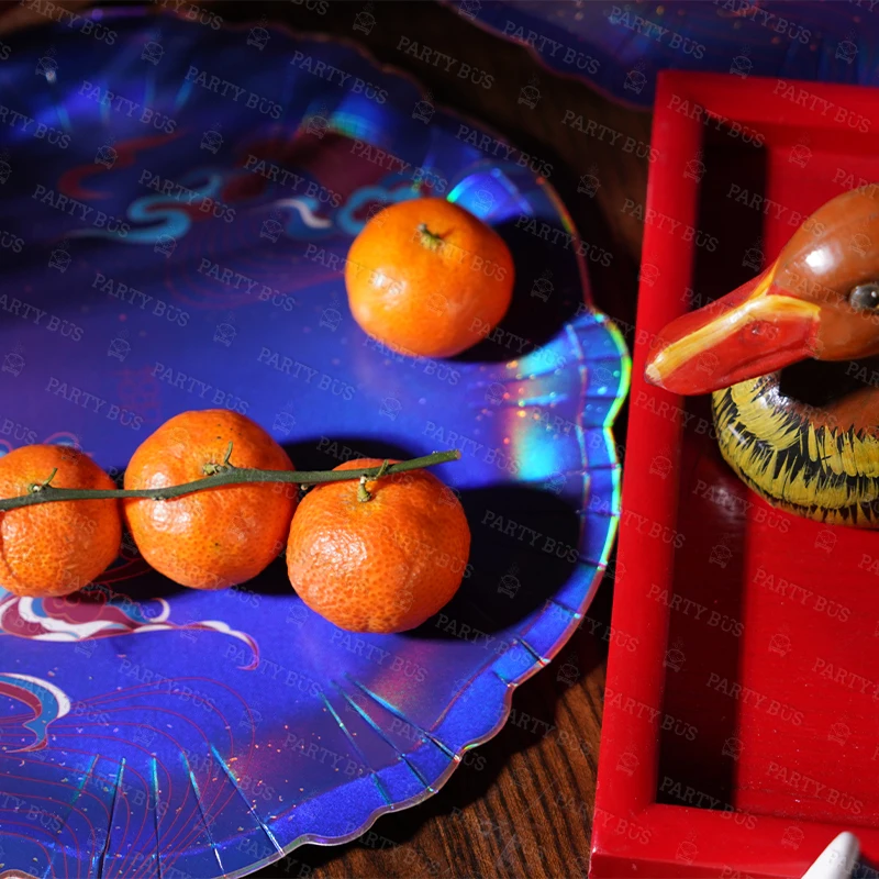 Partybus Traditional Chinese Style Dark Blue Paper Cups Plates Disposable Wedding Dinner Party Tableware Set