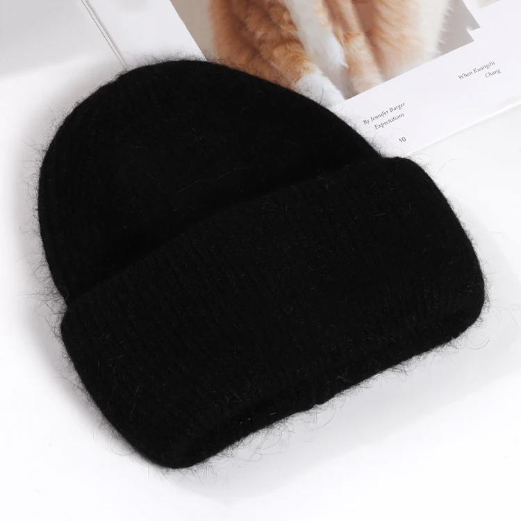 2021 new plain rabbit fur warm hat winter plain plush knit hat