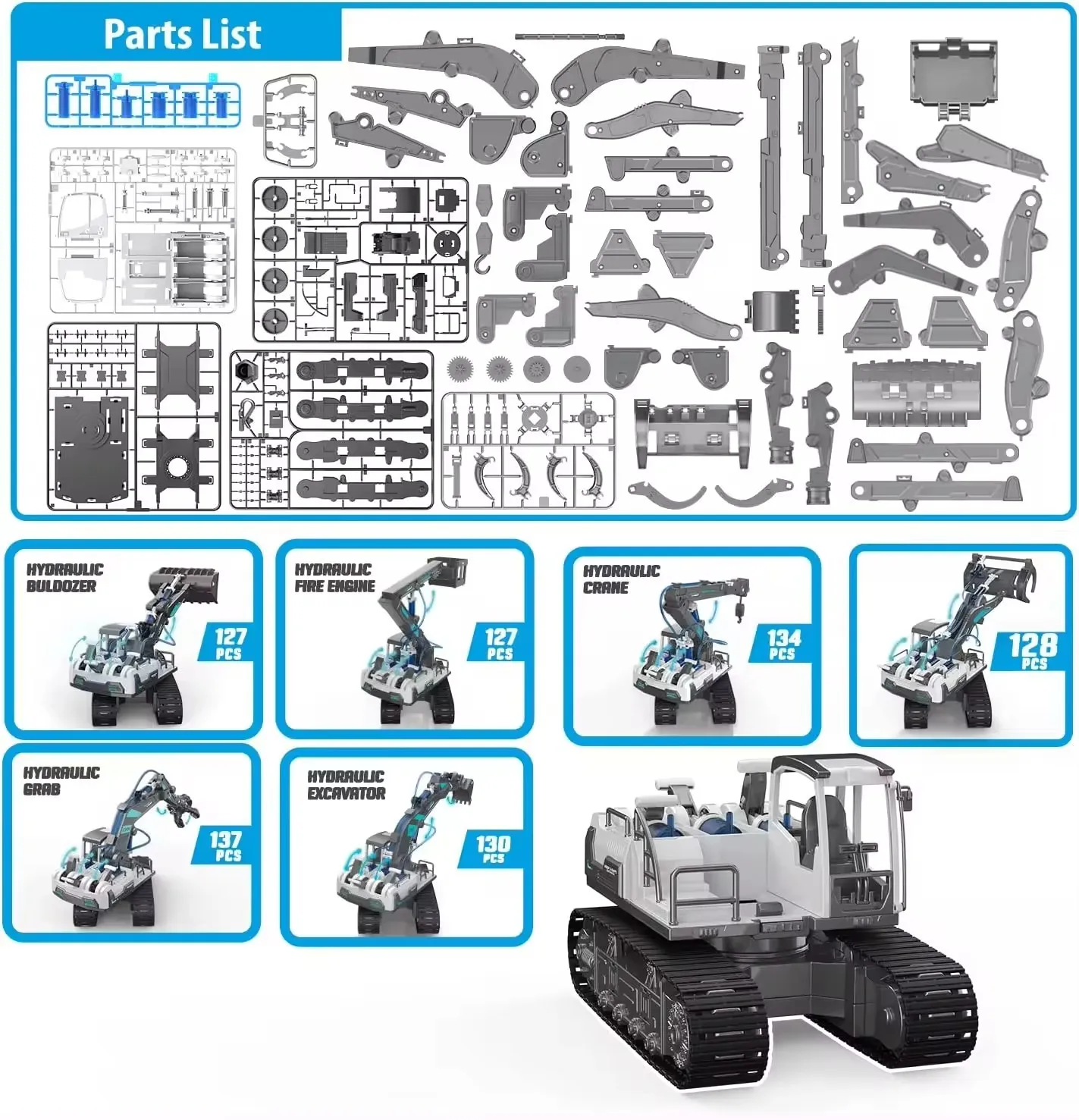 6 In 1 HydraulicToy Diy Assembly Engineering Vehicle Bulldozer Grab Machine Wood Loaders Excavators Cranes 3D Educational Toy
