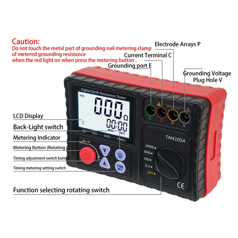 TM4105A Digital Grounding Resistance Meter 0 to 2000 Ohm Grounding Resistance Tester Grounding Tester