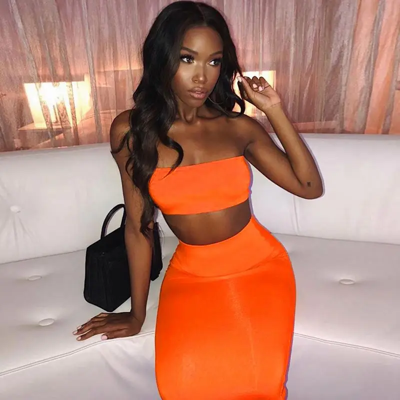
Women Sexy Tube Top Two Pieces Knitted Ruched Bodycon Clubwear Mini Neon Green Dress 