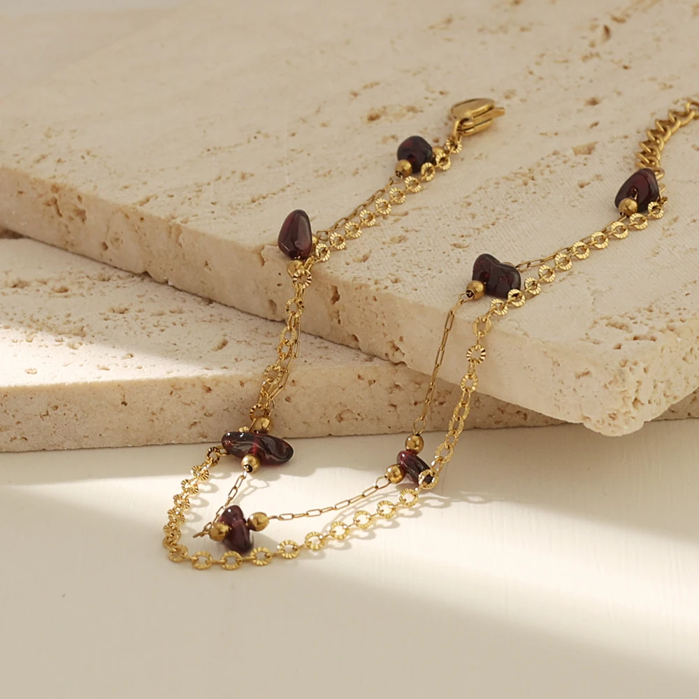 MX Unique Birthstone Bracelet Stainless Steel 18K Gold Double Chain Bracelet Garnet Stone Beaded Jan Dainty Bracelet