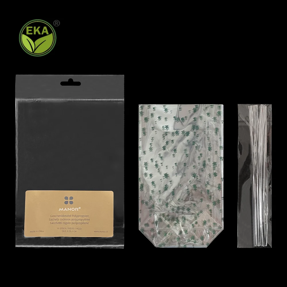 Custom Logo Christmas Transparent Cellophane Flat Bottom Food Bags Opp Clear Plastic Candy Bag With Twist Tie