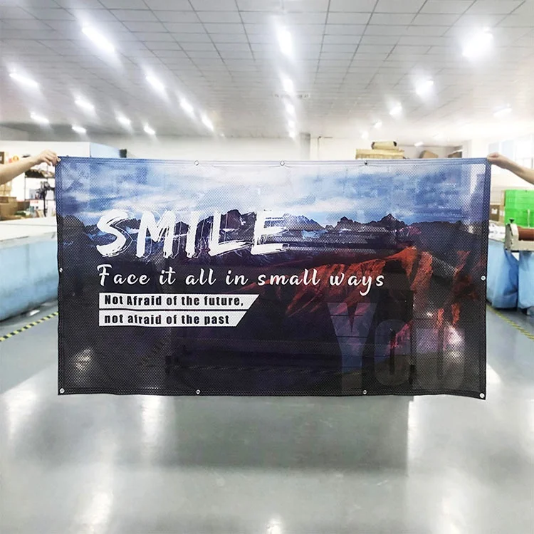 Custom Logo Printed Polyester Mesh Banner Backdrop Outdoor Windproof Rectangular Fabric Mesh Banner For Event