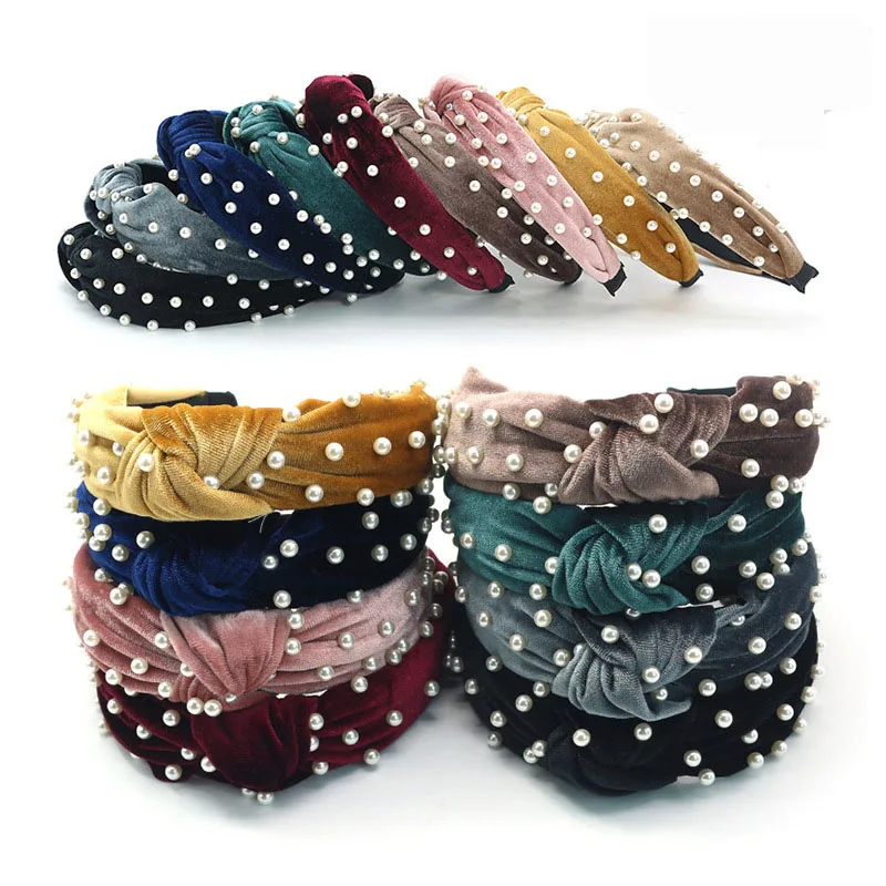 
New pearl headband with golden velvet knot headband with stylish quality and multi-color optional for ladies 