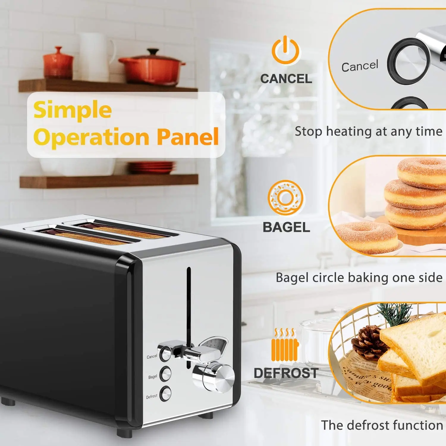 Hot sales 2 Slice Black Bread Toasters with Stainless Steel Decoration