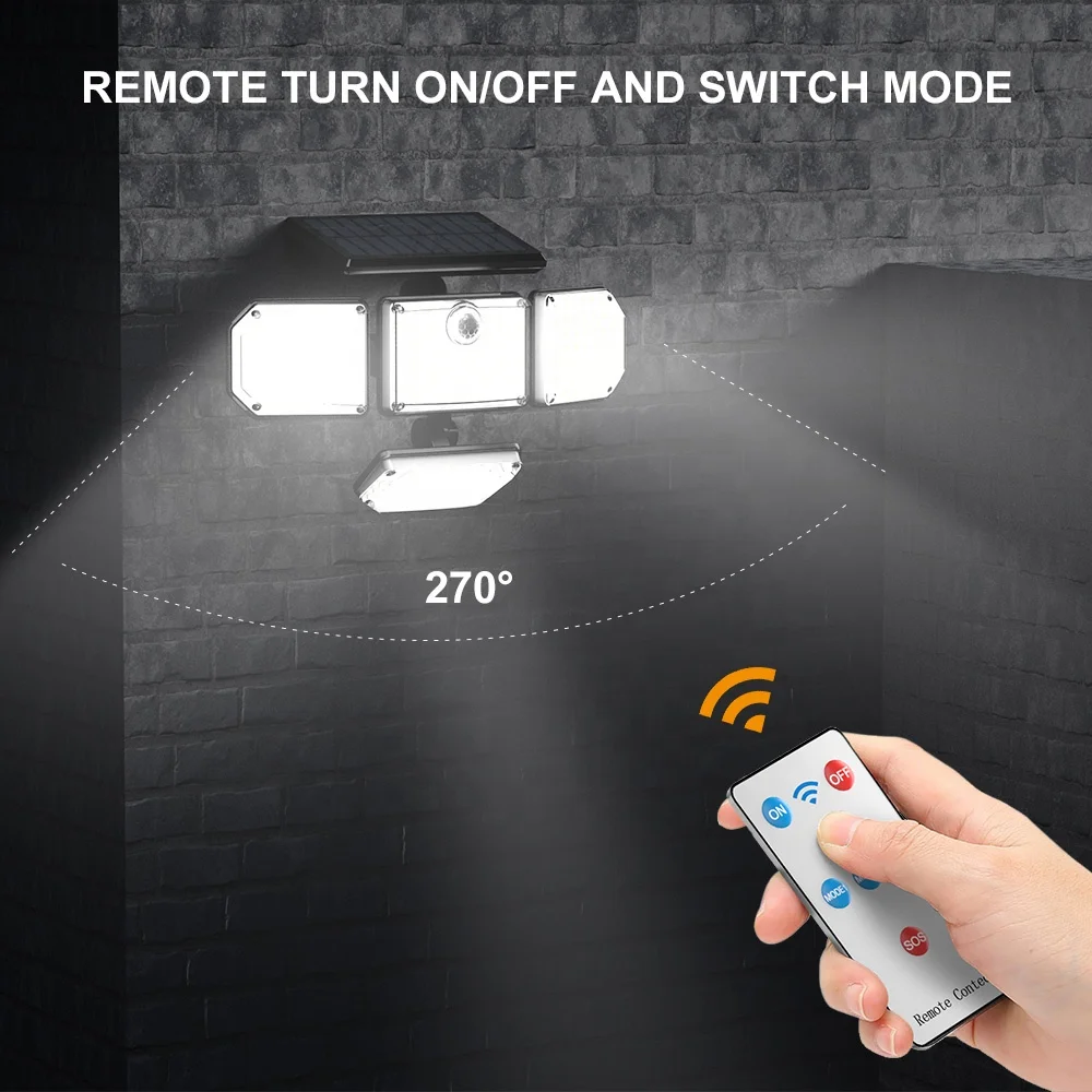 Solar Powered PIR Motion Sensor Wall Lamp 4 Heads 270 Degree Rotating Outdoor IP65 Remote Control Floodlight Security Light