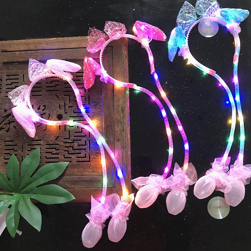 Cute LED Glowing Ear Hat Sequin Lace Headband Air Bag Can Moving Rabbit Ears Toy Hair Hoop Party Photo Props Sweet Headwear Gift
