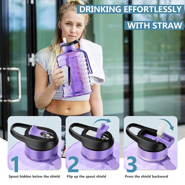 BPA Free 128oz 2.2L Strap-Easy to Carry Motivated Time Marker Hard Plastic Water Drinking Bottles With Straw