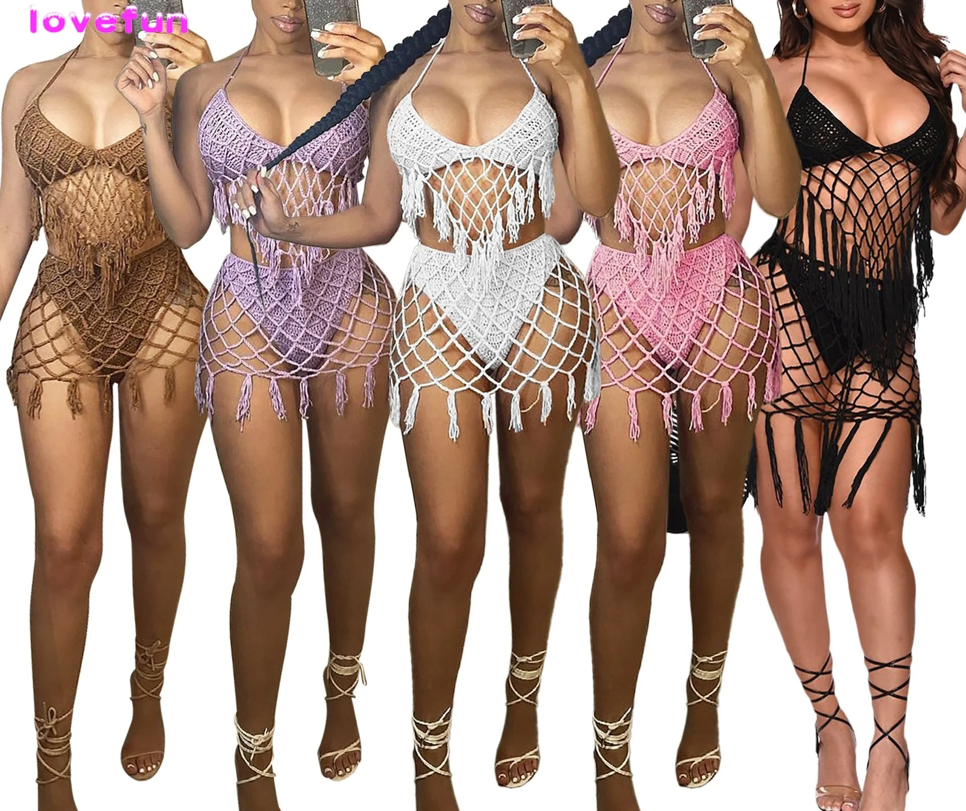 Summer Clothes Two Pieces Beachwear Fringes Crochet Bathing Suit See Through Hand Knitting Swimsuit