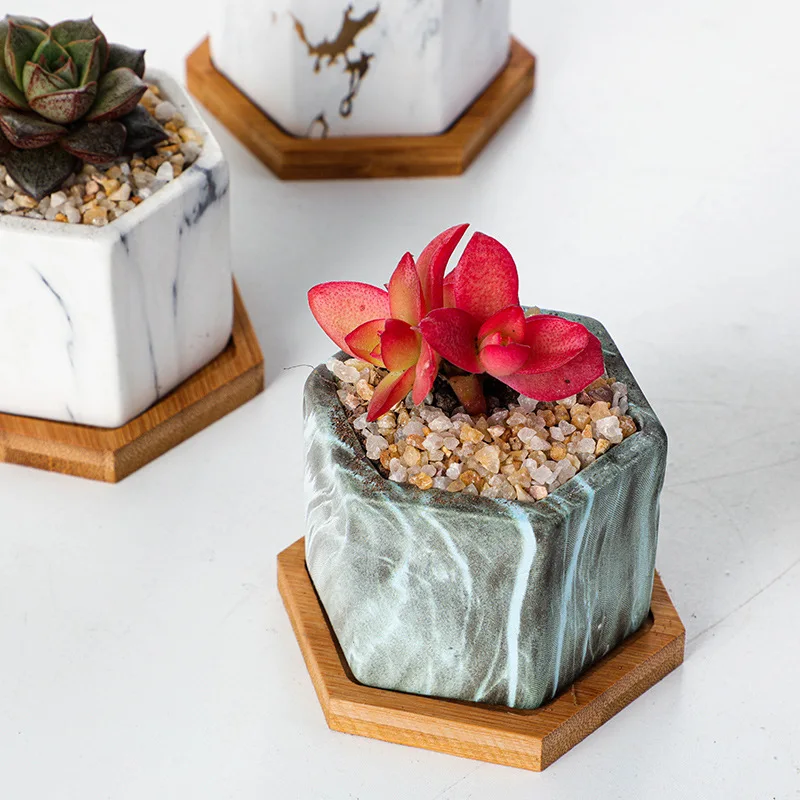 Wholesale Ceramic Wood Grain Marble Grain Succulent Flower Pot With Drainage Hole and Bamboo Saucer