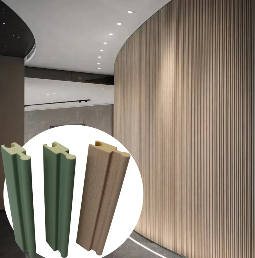European design Good Quality PVC Solid Wooden Slat Rotating Grille Wall Panel Curved WPC Wall Panel for reception decoration
