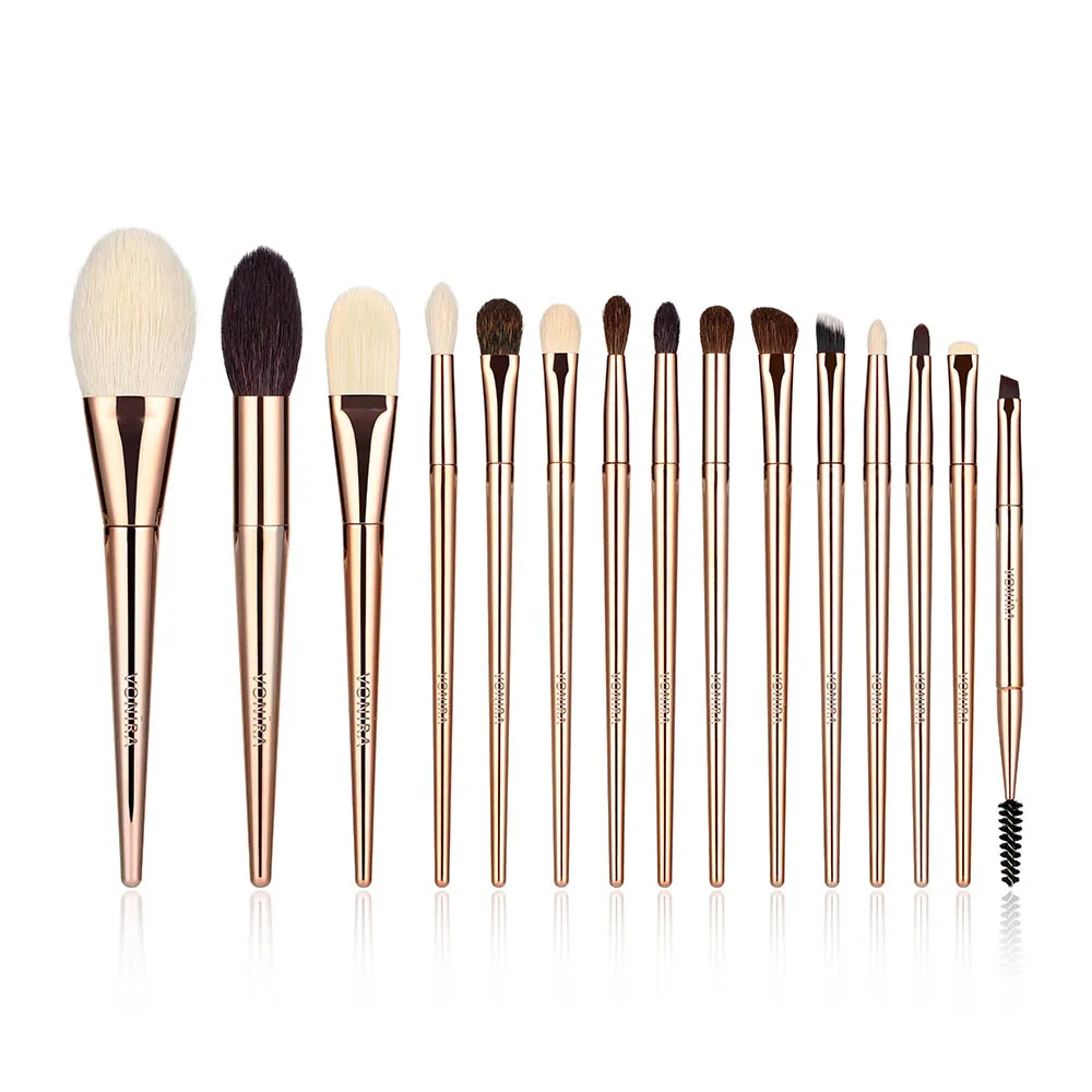 Vonira Luxury Handcrafted 15PC Rosy Gold Makeup Brushes Set Custom Private Label Natural Goat Pony Squirrel Hair Makeup Brushes