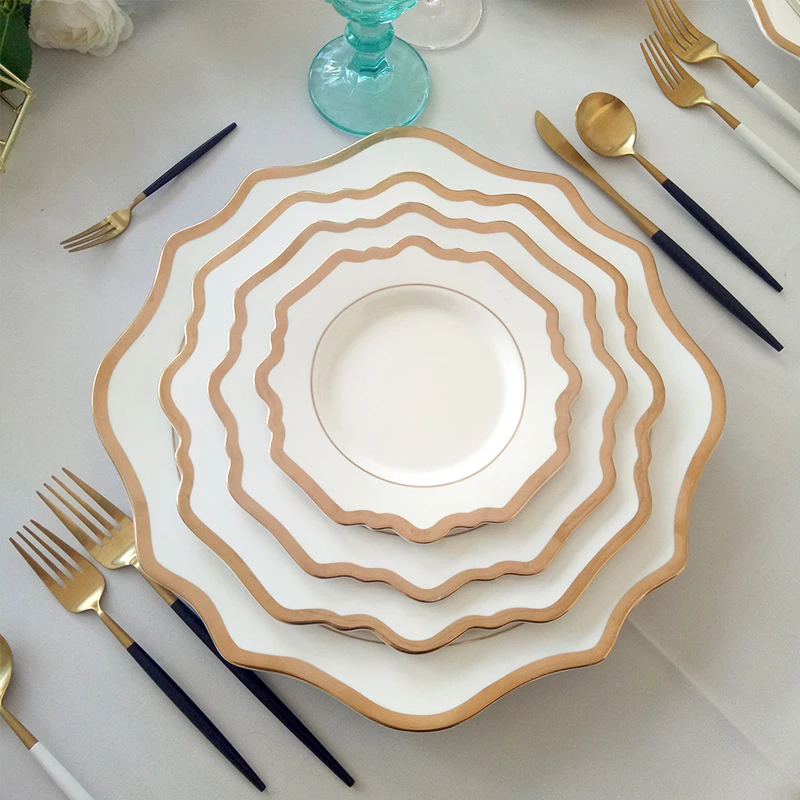 Wholesale Nordic White Sunflower Ceramic Charger Plate Set Tableware Gold Rim Porcelain Dinnerware Dishes Sets for Wedding Party