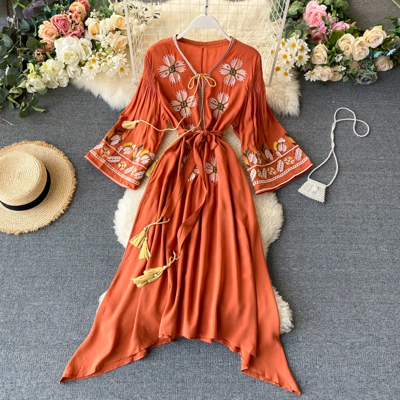Casual New Holiday Dress Women Clothing Fashion Bohemian Summer Lady Embroidery doll collar Puff sleeve Short Midi Dress