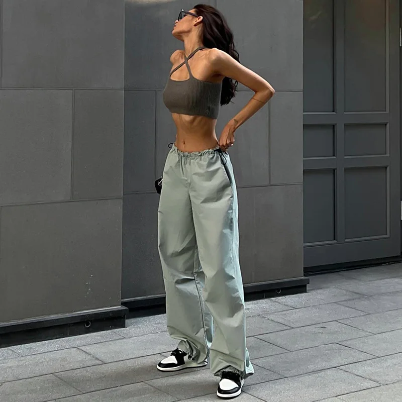 Fashion Anti-pilling Drawstring Wide Leg Loose Outdoor Parachute Polyester Track Pants Women Korean