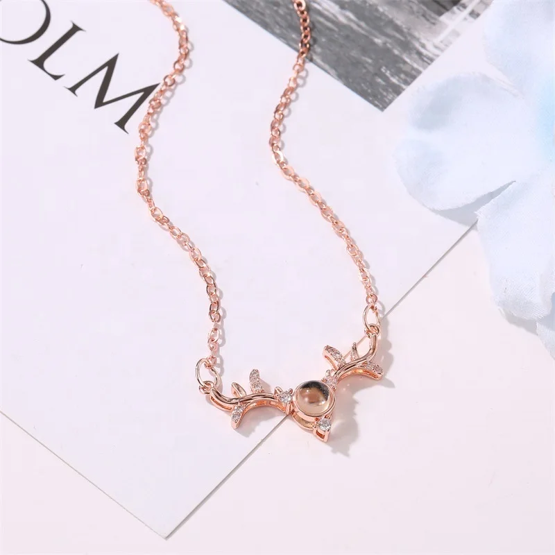 
Jiushang zircon elk rose gold sliver fashion 100 languages i love you jewelry necklace 