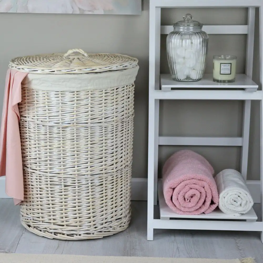 Cheap Large Round White Wicker Storage Basket Laundry Basket With Lid With Fabric