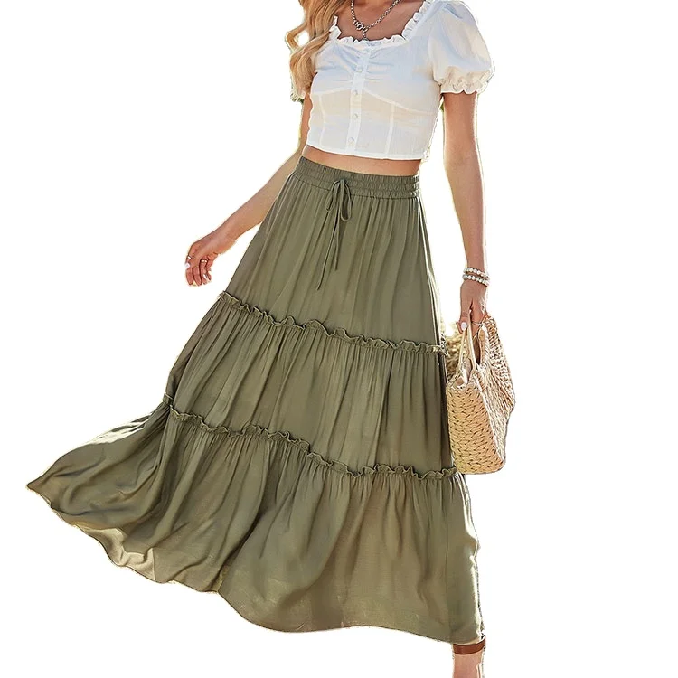 New Design Customized Boho High Waist Frill Trim Tie Front Layered Midi Skirt For Women