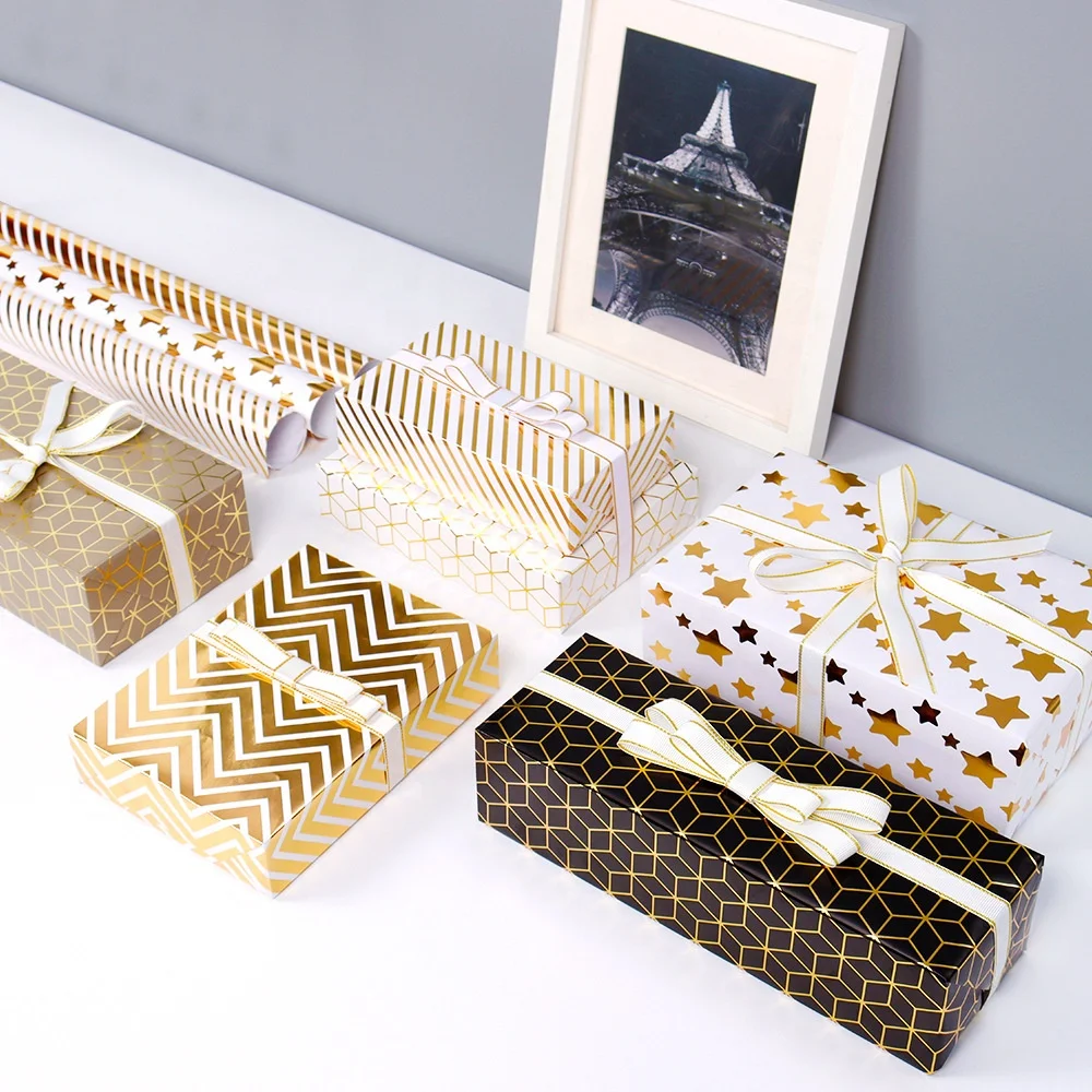 Утолщенная оберточная бумага рулон подарочной бумаги в горошек с бронзовыми звездами и полосками оптовая продажа