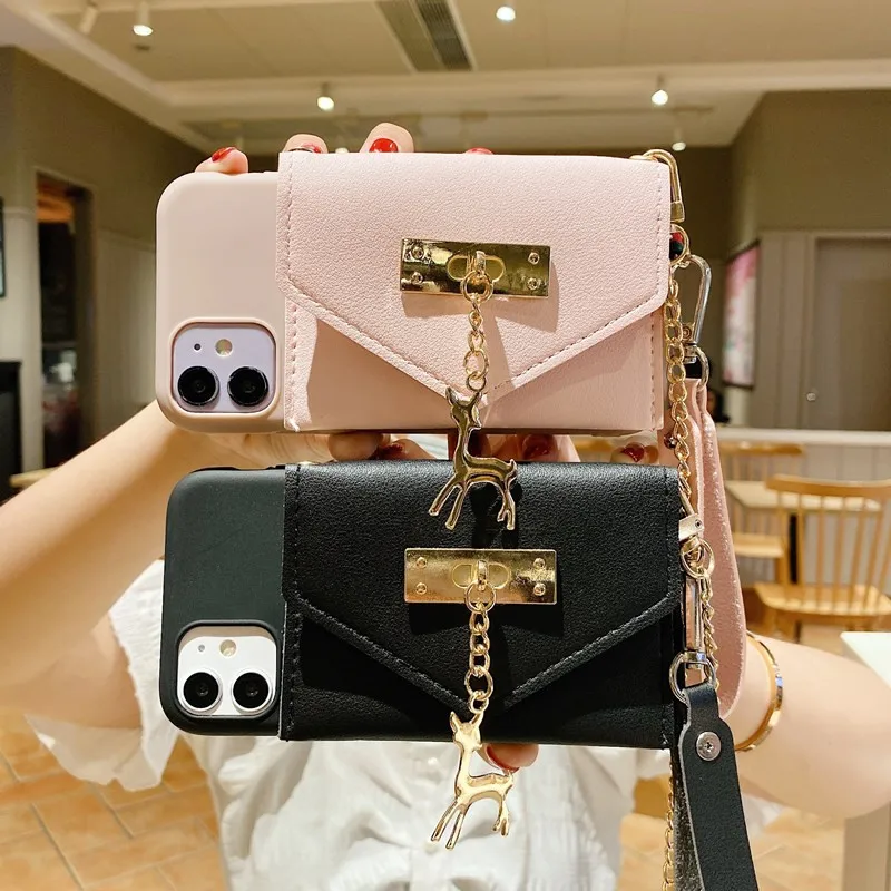 Deer Pendant leather wallet chain Lanyard soft Phone Case For iPhone 12 11 Pro XS Max XR X 6S 7 8 plus for samsung S8 S9 S10 A51