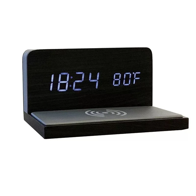 new arrival 2 in 1 wooden wireless charger with clock temperature electronic LED alarm clock