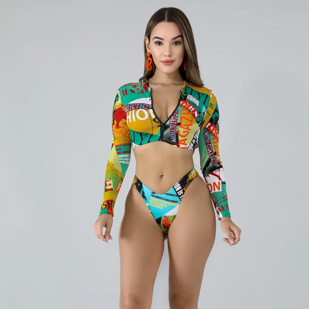 2022 Sexy Bikini and Beachwear  Two-piece swimsuit Multi-color Bikini Set Mini Mini Bikini Hawaiian print long sleeve beach