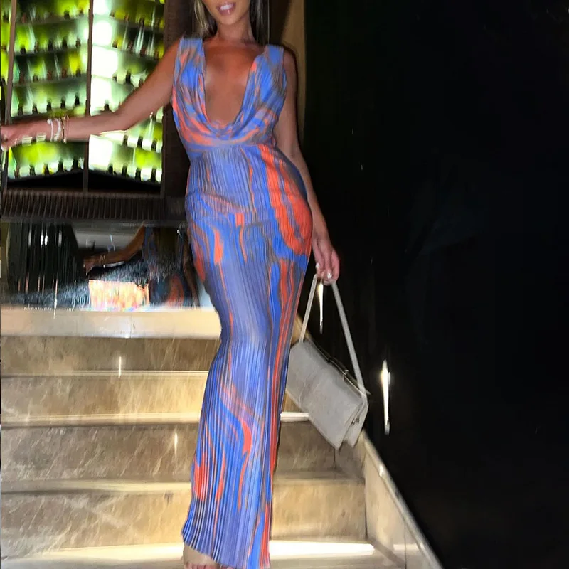 B27458 trendy rib knit sleeveless long printed backless deep V neck bandage sexy dresses women