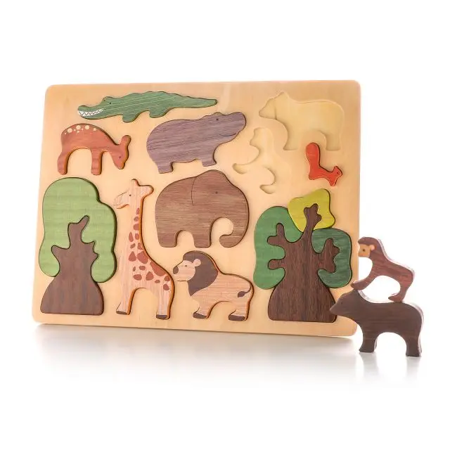 Baby animal puzzles hand grasping board inlays early education puzzle blocks matching cognitive wooden puzzle board stacking