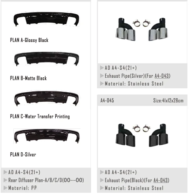 for audi A4 Upgrade to A4 RS4 Front bumper rear diffuser  exhaust pipe