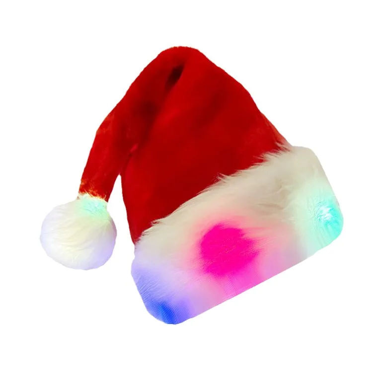 LED Light Up Xmas New Year Christmas Hat Festive Holiday Party Supplies Unisex Velvet Santa Hat for Adult Kids