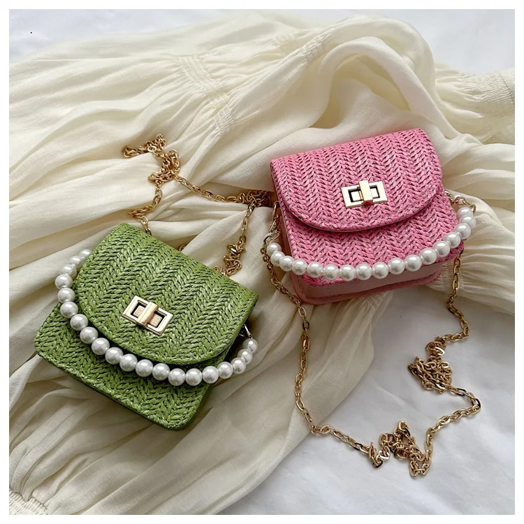 Mini Straw Braided Pearl Chain Shoulder Crossbody Bag Vintage Custom Designer Handbag Summer Fashion Bags For Ladies Girls