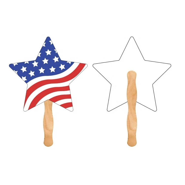 DIY Cheap Custom Printing and shape Paper Hand held Fan With Wood Handle For Events