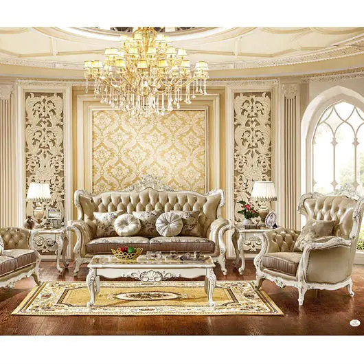 Antique European Style Living Room Couch Solid Wood 1+2+3 Seater Genuine Leather Living Room Upholstery Sofa