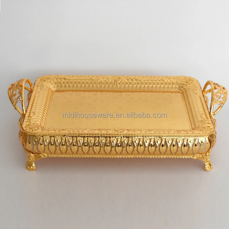 High Quality Wholesale China Wholesale Metal Tray Gold Plate Dish Tea Coffee Table Serving Tray With Legs and Handles