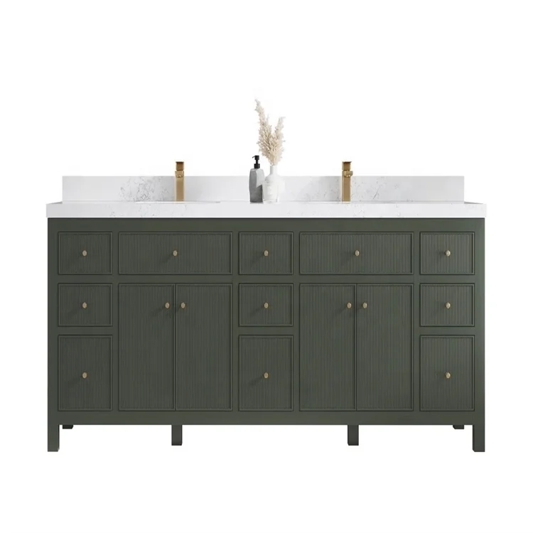 Dark Color Popular Bathroom Vanity Cabinets Matte Lacquer Wood Panels Rock Stone Countertops