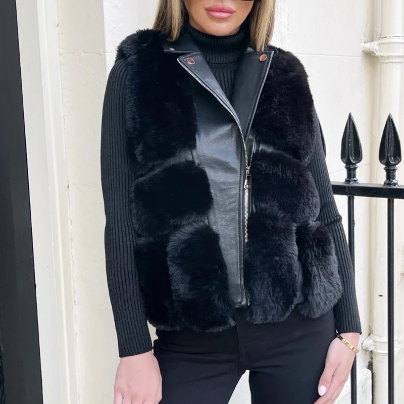 New Moto Biker Notched Women Vests Women Elegant Faux Fur Patchwork PU Leather Coats Women Zipper Slim Vests