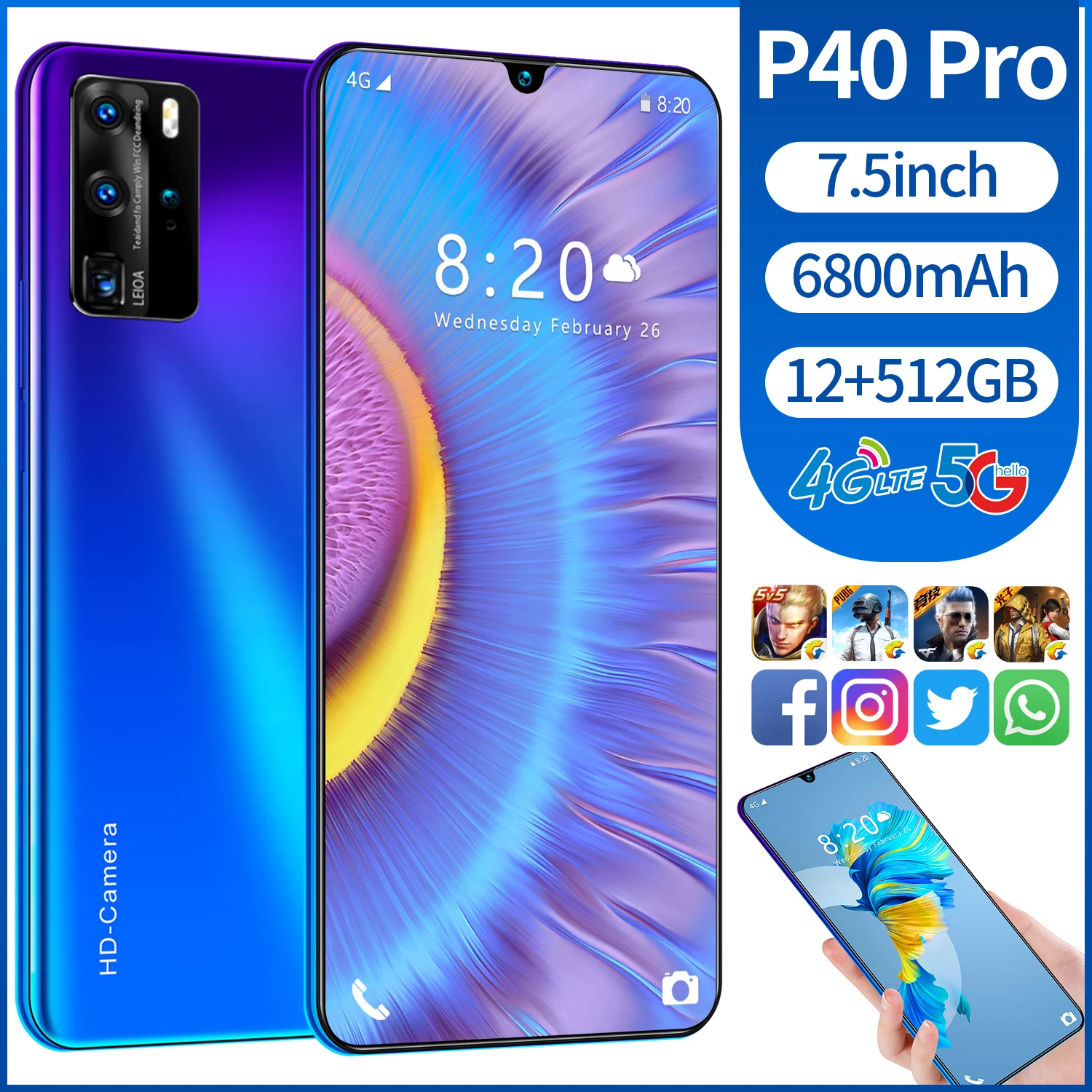  Смартфон Amazon P40 Pro 12 + 512 ГБ две sim-карты двойной режим ожидания Android OS 10