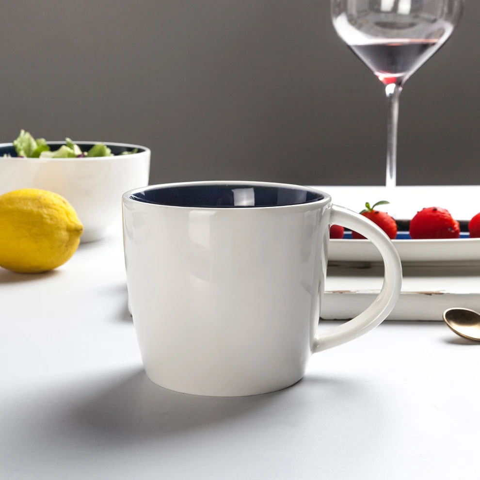 Wholesale Matte White Outside Glossy Blue Inside Tea Milk Ceramic Mug Custom Logo Porcelain 380Ml Coffee Cup