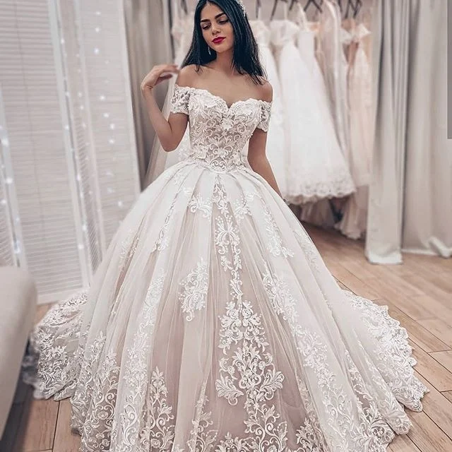 Off Shoulder Princess Wedding Dress with Lace 2021 Custom Robe de Mariage Made Bridal Ball Gown Wedding Dresses