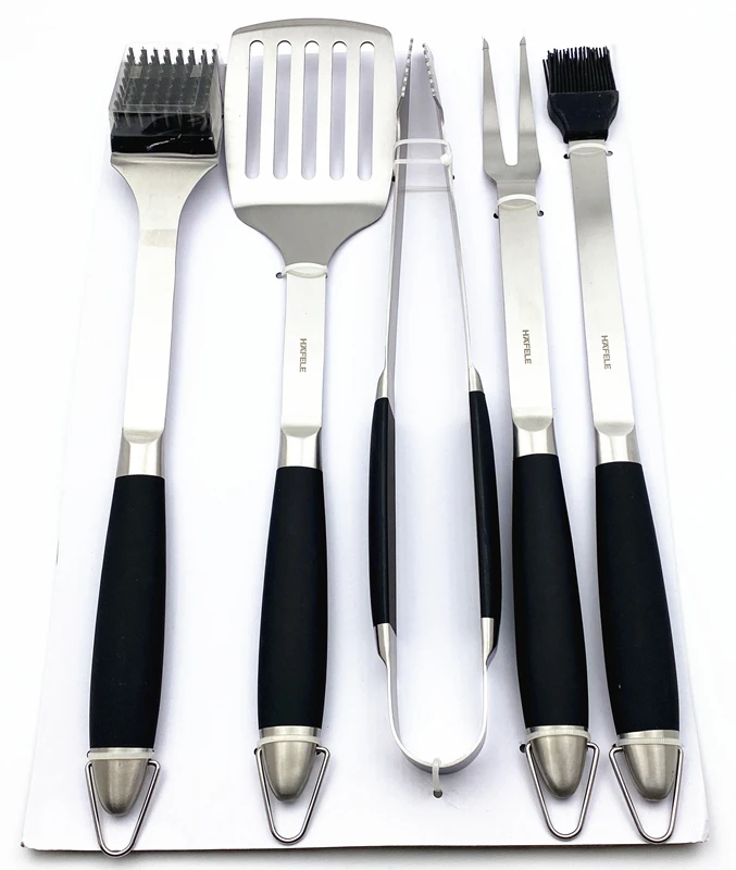 BQ-7138 Heavy Gauge Stainless Steel Grill Black Coating Handled 5 Piece BBQ Tools Set Luxury