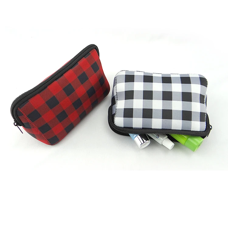 Wholesale Price Neoprene Buffalo Plaid Design Small Cosmetic Bag Makeup Bags for Women