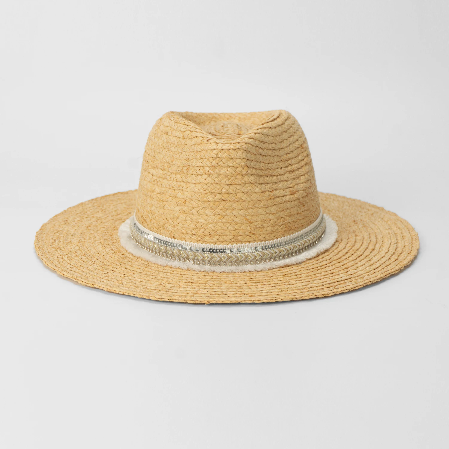 2024 Wholesale Luxury Trendy Designer High Quality Silver Sequin Ribbon Wide Brim Straw Raffia Hat