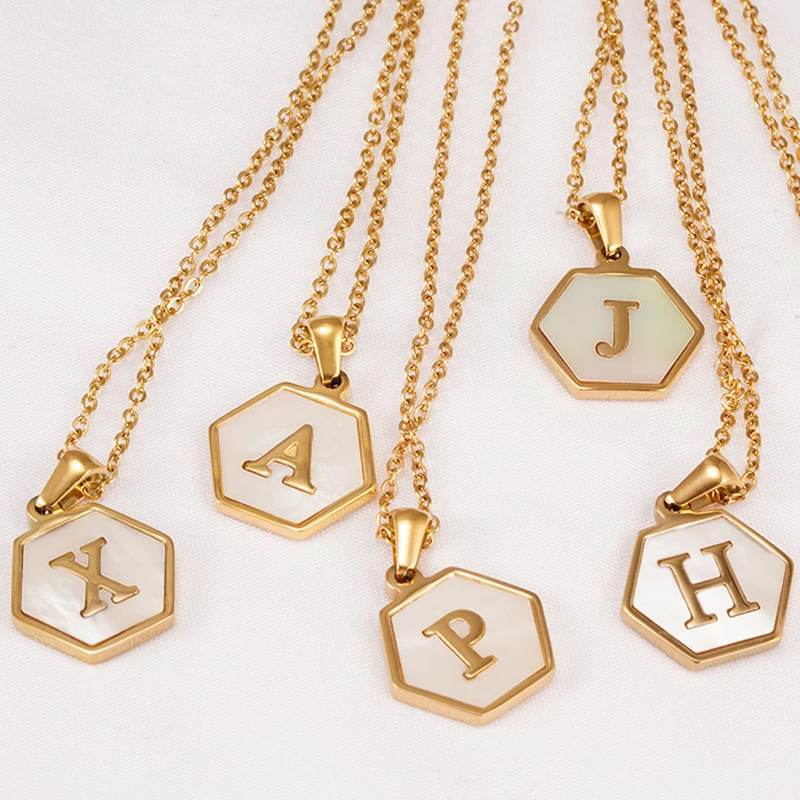 Alphabet Letters A-Z Initial Necklace for Women White Hexagon Shell Alphabet Pendant Necklace Gold Stainless Steel 5g 10 Pcs
